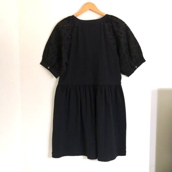 LOFT Eyelet Button Mixed Media Swing Dress Black Size L - Picture 6 of 8